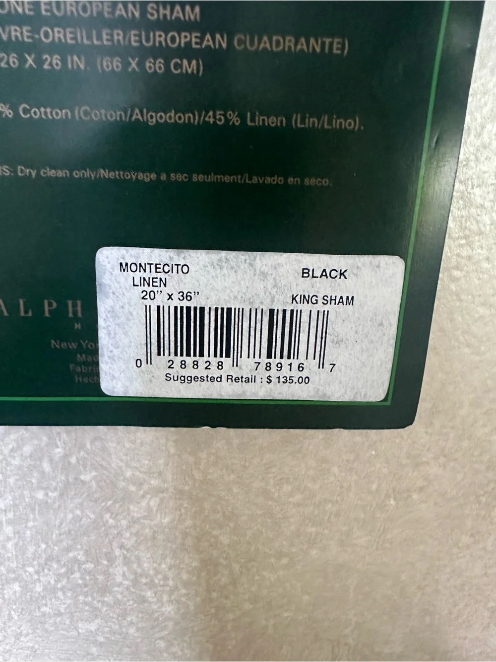 Lauren Ralph Lauren Montecito Black King Sham cotton / linen blend, NWT